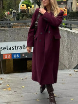 HH Women Fashion Burgundy Coat Double Breasted Long Sleeve Lapel Blends Jacket Autumn Winter High Street Outerwear