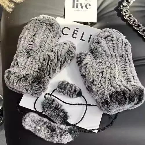 Hot Sale Women's 100% Natural Rabbit Fur Winter Gloves Warm Knit Thick Thermal Mittens Soft Real Fur Outdoor Cold Weather Glove
