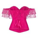 Women Sky Blue Retro Jacquard Corset Tops Lace Short Sleeved One Shoulder Sexy Slimming Shaper Overbust Bustiers Lingerie