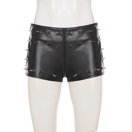 Women Low Waist Faux Leather Mini Shorts Spike Studded Decor Slim Fit Solid Black Punk Gothic Clubwear Y2K Streetwear Bottoms