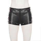 Women Low Waist Faux Leather Mini Shorts Spike Studded Decor Slim Fit Solid Black Punk Gothic Clubwear Y2K Streetwear Bottoms