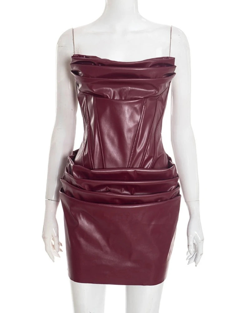 Chaxiaoa PU Leather Off-shoulder Strapless Sexy Mini Dress Women Gown Elegant Backless Sleeveless Ruched Club Party Dresses