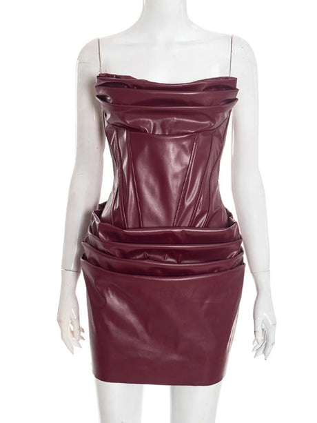 Chaxiaoa PU Leather Off-shoulder Strapless Sexy Mini Dress Women Gown Elegant Backless Sleeveless Ruched Club Party Dresses