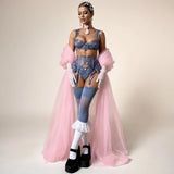 Diccvicc Coquette Slate Blue Lingerie Set 4 Piece Eyelash Lace Satin Bra Peplum Ruffle Garter with Rosebud Thong Women Nightwear