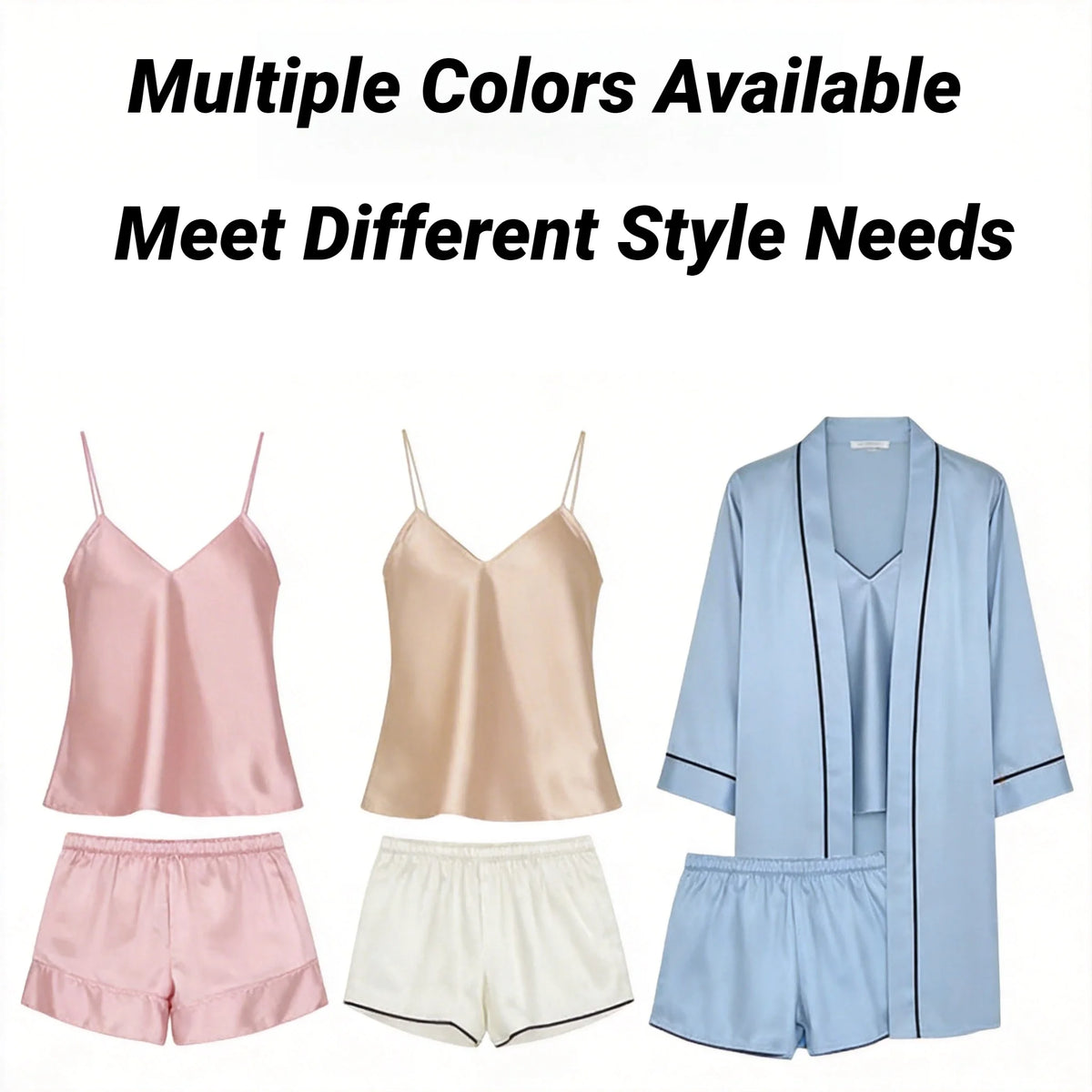 Simple Satin Pajama Set Long Sleeve Belted Robe V Neck Cami Top And Shorts Women's Sleepwear