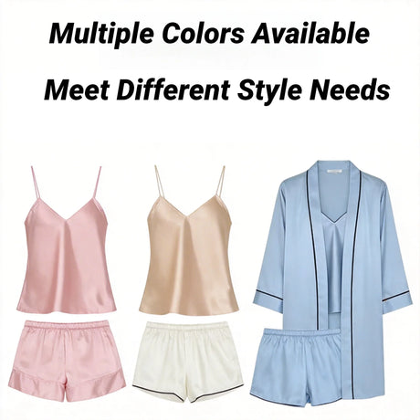 Simple Satin Pajama Set Long Sleeve Belted Robe V Neck Cami Top And Shorts Women's Sleepwear