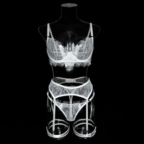 Women's Pink Floral Lace Sheer Lingerie Set See-Through Push-Up Bra Waist Cincher with Garter Belt Thong Intimate Erotic Outfits