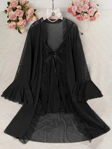 Women Sexy Robe Lingerie Set Lace V-neck Cami Dress with Transparent Mesh Night Gown Robe Nightwear Female Leisure Sleepwear