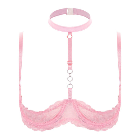 Womens 1/4 Cups Underwire Bra Halter Neck O Ring See Tthrough Lace Push Up Brassiere Sexy Lingerie Breast Open Bras Underwear