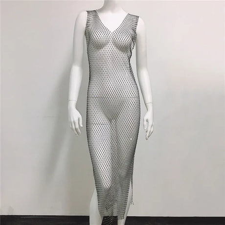 Fishnet Bling Diamonds Women Dress High Split Plaid See Through Sleeveless Summer Sexy Slim Long Dresses Dance Party Fashion New