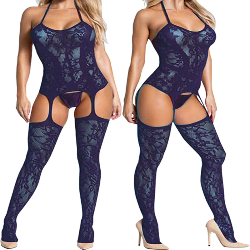 Sexy Crotchless Lingerie Women Open Back Teddies Body Suits Mesh See Through Bodystockings Full Sleeve Leopard Print Bodysuits