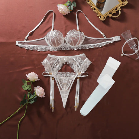 Women's Burgundy Lace Lingerie Set Underwire Bra Thong Panty Garter Straps Stockings Floral Embroidery Sexy Underwear Outfit