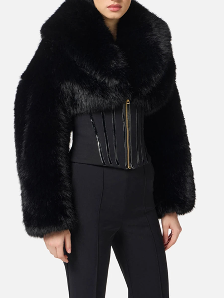 TWOTWINSTYLE Black Slimming Spliced Zipper Jackets for Women Lapel Long Sleeves Tunic Patchwork Fur Fashion Jacket Female New