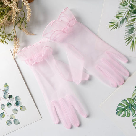1 Pair Women's Lace Full Finger Gloves Fashion Short Tulle Elastic Etiquette Lotus Leaf Shears for Stylish Hand Protection