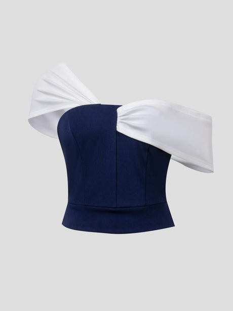 Chic One Shoulder Twisted Color Block Navy White Slim Fit Crop Blouse, Tube Top For Party & Daily Women