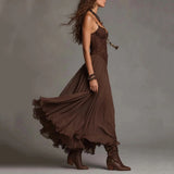 Women‘s Spaghetti Strap Lace Midi Boho Dress Sexy V Neck Ruched Flowy Mesh Sheer Dress Tiered Hem Western Vacation Party Dresses
