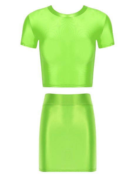 Womens Glossy Two-piece Outfit Oil Shiny Smooth High Waist Mini Skirt with Tank Top Nightclub Rave Outfit Pole Dancing Clubwear