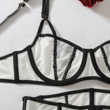Women's Black White Contrast Strappy Lingerie Set 4PCS Underwire Bra Waist Cincher Garter Belt Thong Thigh Cuffs Sexy Intimate