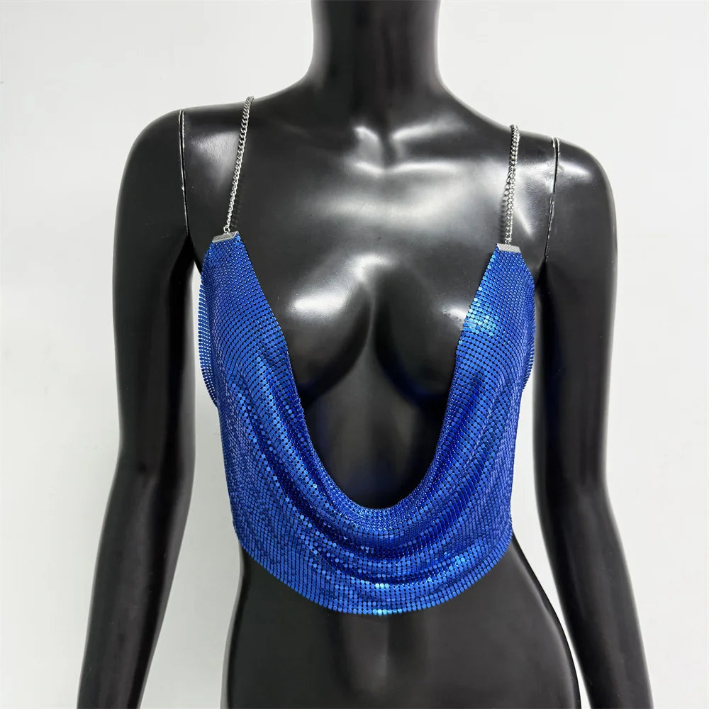 Fashion Metallic Sequins Party Tank Top Sexy Deep V Neck Backless Spaghetti Straps Sling Crop Top 2024 Rave Nightclub Camisole