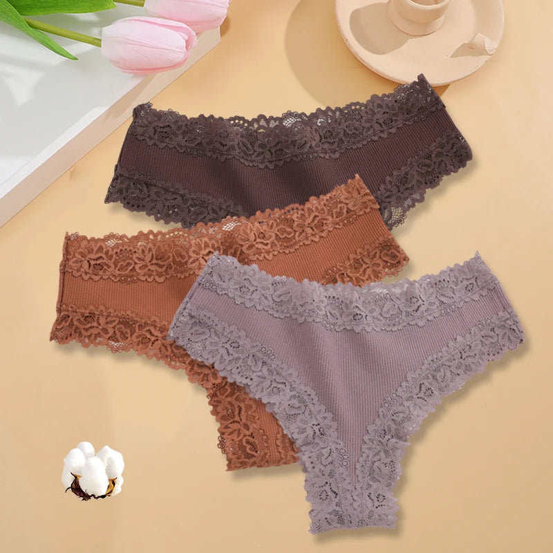 3PCS/Set Sexy Lace Seamless Cotton Brazilian Panties Women Ribbed Intimates Breathable Panties Low Waist Female Cotton Underwear