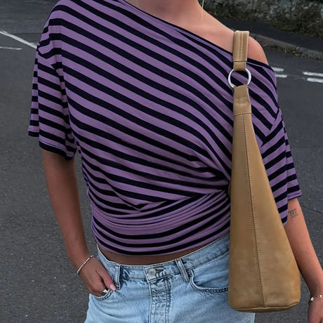 2026 New Autumn Women Vintage Striped Off Shoulder T-shirt Waist Cinching Slim Fit Daily Wear Ladies Tops