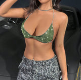 Shiny Colorful Rhinestone Bra Tops Summer Women Sexy Backless Deep V Neck Halter Neck Tank Top Fashion Party Club Camisole