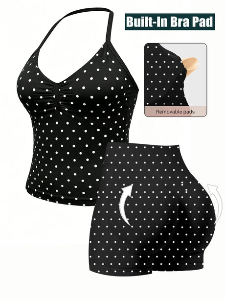 Polka Dot Yoga Set Halter Sports Bra High Waist Booty Shorts Push Up Gym Outfit for Running Fitness