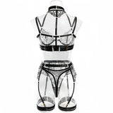 Krasapt Black Lace Embroidered Metal Buckle Sexy Lingerie Set Front Open See-through Lingerie 5Pcs Set Fancy Exotic Intimate Set
