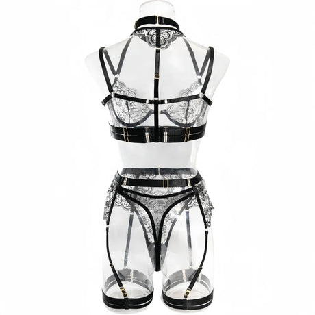 Krasapt Black Lace Embroidered Metal Buckle Sexy Lingerie Set Front Open See-through Lingerie 5Pcs Set Fancy Exotic Intimate Set
