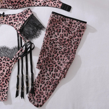Leopard Wild Women's Lingerie Sets Stunning Lace Bra 3PC Set with Stockings Seductive Riding Suits Party Exotic Sexy Underwear