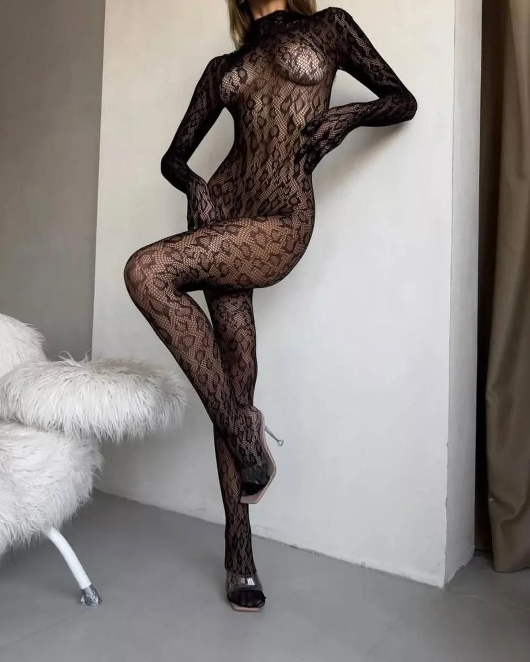 Toucheart Erotic Mesh Bodysuit Leopard Print Hollow Out Sexy Uniform Women Body Shaping See-through Seductive Hot Flirt Bodysuit
