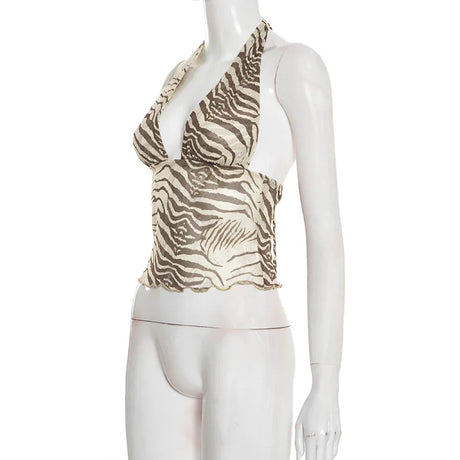 Halter V Neck Striped Print Tank Top Women Backless Sleeveless Bare Midriff Halter Crop Tops Female Tube Top Cropped Vest