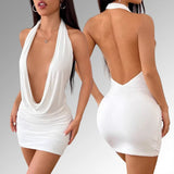 Summer Sexy Solid Color Deep V-Neck Backpack Hip Dress Elegant Fashionable Mini Skirt for Party Hanging Neck Design