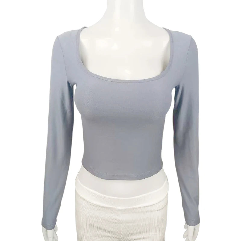 Long Sleeve T-shirt Slim Tops Sexy Woman Clothing Square-Cut Collar Close-fitting Tee Shirt Street Wear Fall 2025 New 2523