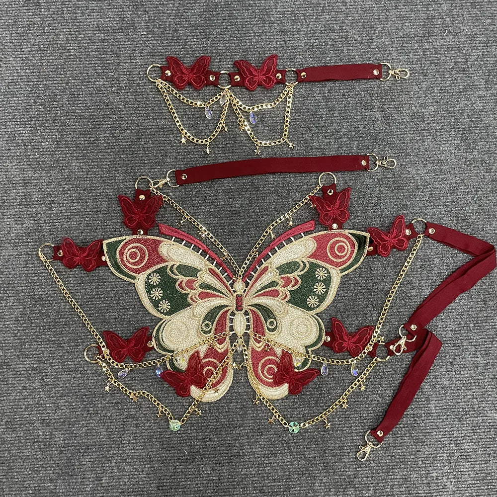 Women's Butterfly Embroidered Top Crystal Chain Sleeveless Cropped Top Camisole Backless Adjustable Sexy Beach Holiday Y2K Top