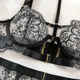 Krasapt Black Lace Embroidered Metal Buckle Sexy Lingerie Set Front Open See-through Lingerie 5Pcs Set Fancy Exotic Intimate Set