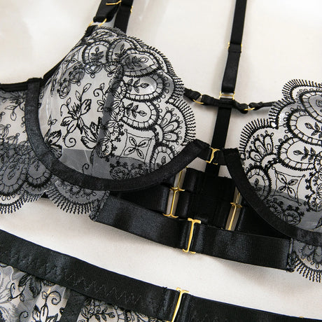 Krasapt Black Lace Embroidered Metal Buckle Sexy Lingerie Set Front Open See-through Lingerie 5Pcs Set Fancy Exotic Intimate Set