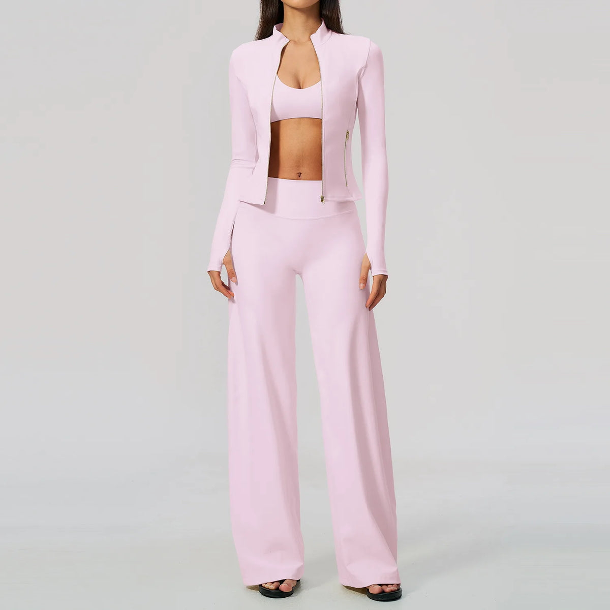 Women's 2/3Pcs Yoga Set Zip Jacket Sports Bra Cross Back Wide Leg Flare Pants Push Up Gym Set Workout Running Fitness Activewear