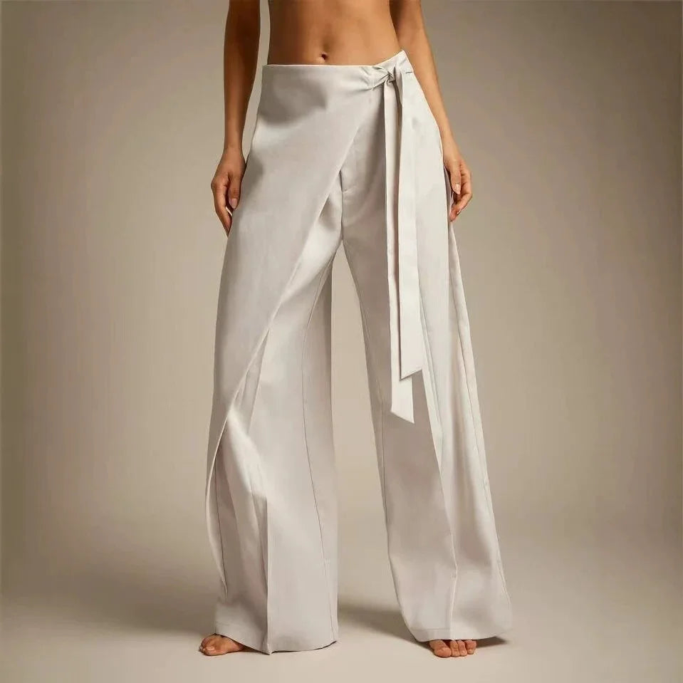 Women High Waist Wide Leg Pants Loose Wrap Tie Knot Asymmetric Pleated Trousers Beach Casual Bottoms