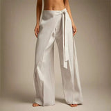 Women High Waist Wide Leg Pants Loose Wrap Tie Knot Asymmetric Pleated Trousers Beach Casual Bottoms