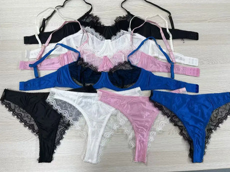 Diccvicc Lingerie Sexy Two Pieces Contrast Color Patchwork Sheer Lace Bra Satin Panty Set Daring Underwear Exotic Intimate Wear
