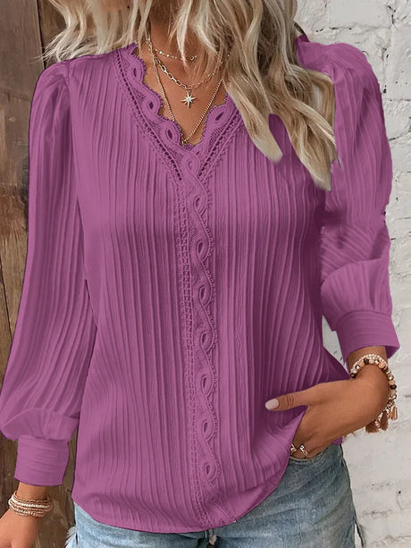 Elegant Summer Hollow Lace Patchwork Women Shirt Chic Blouse V Neck Long Sleeve Shirt Plain Lace Casual Basic Regular Tops