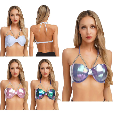 Women Shiny Bikini Bra Top Halter Neck Sheel Mermaid Swimwear Bead Chains Padded Bra Swim Tops Hawaii Beach Party Bathing Suit