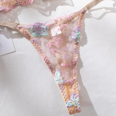 Floral Lingerie Set PushUp Bra Thong Sheer Mesh Underwear Breathable Lace Bralette Kits for Women