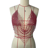 Dazzling Rhinestone Mesh Camisole Sexy Backless Halter Neck Bandage V Neck Hollow Fishnet Tank Top Women Party Club Crop Tops