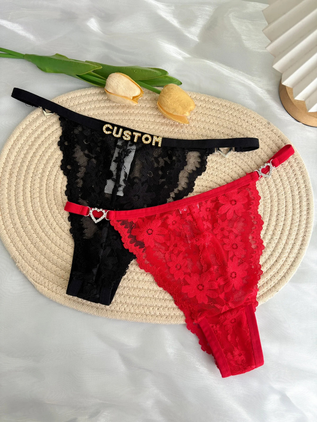 Custom Rhinestone Letter Name Text Sexy Lace Thong Panties Low Rise G-string Personalized Gift Wife Lover Anniversary Festival