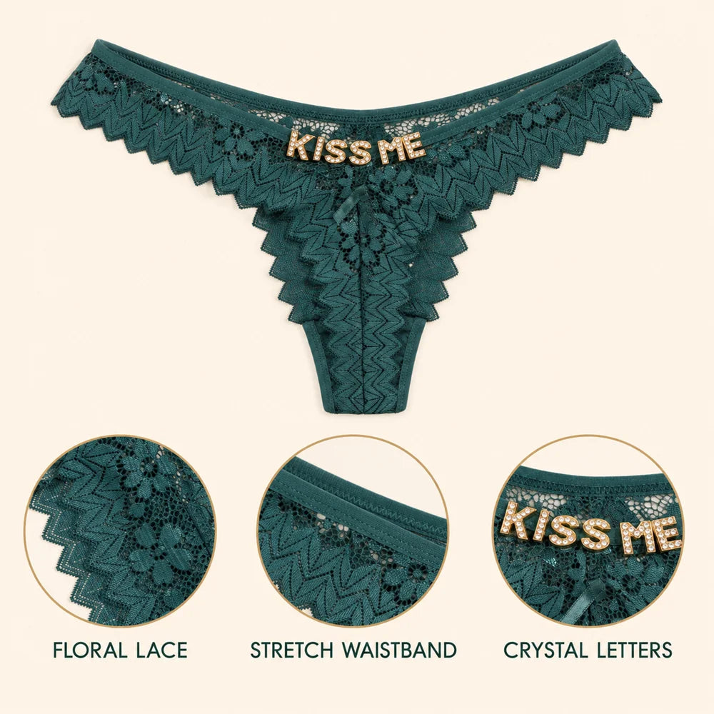 Custom Crystal Letter Lace Thong Panties for Women Personalized Name Underwear Gold Silver Rhinestone Gift Multiple Colors