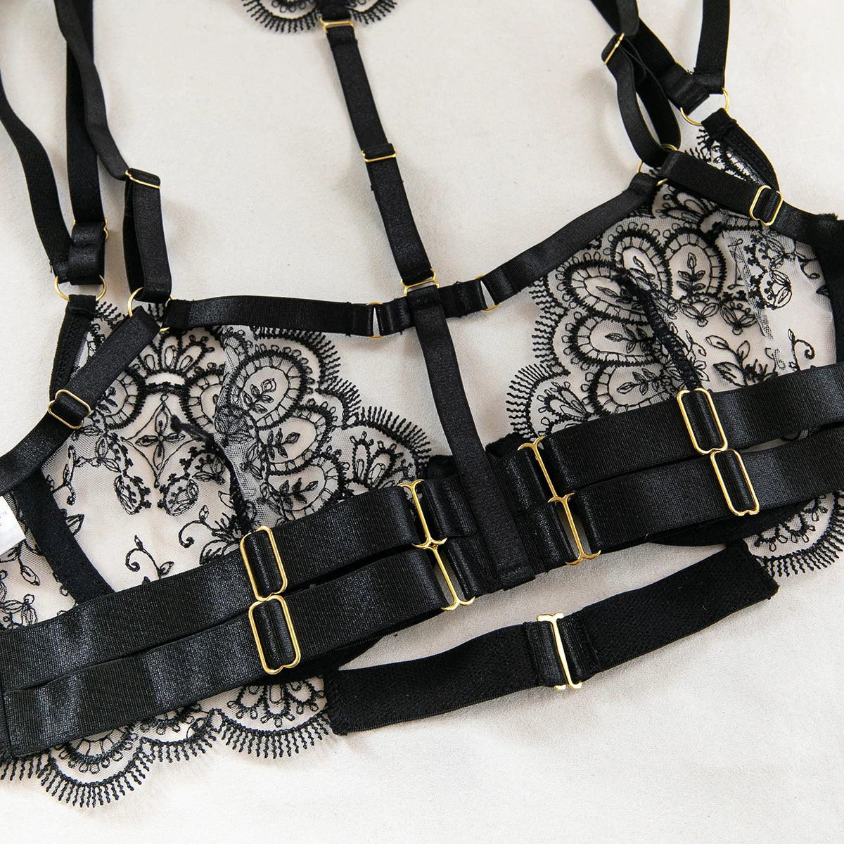 Krasapt Black Lace Embroidered Metal Buckle Sexy Lingerie Set Front Open See-through Lingerie 5Pcs Set Fancy Exotic Intimate Set