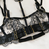 Krasapt Black Lace Embroidered Metal Buckle Sexy Lingerie Set Front Open See-through Lingerie 5Pcs Set Fancy Exotic Intimate Set