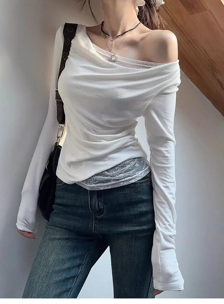 Lace Splice Asymmetrical Shoulder Long Sleeve T-Shirt Women's Slim Fit White Top for Autumn Winter Commute Casual Wear